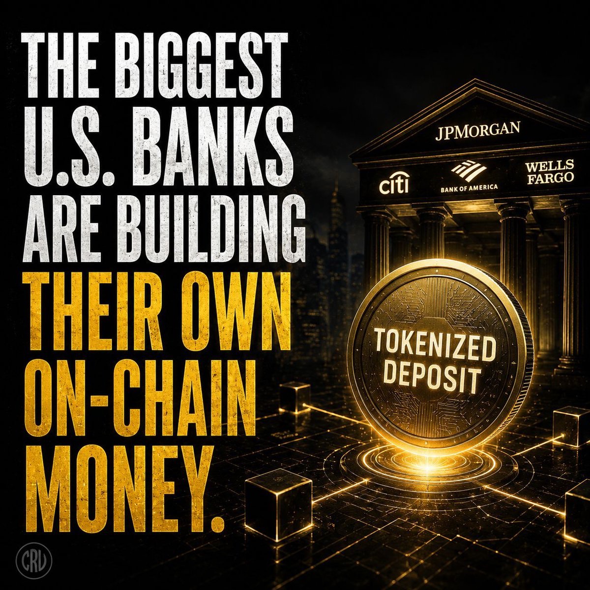 CryptosR_Us's tweet photo. JPMORGAN, CITI, BANK OF AMERICA & WELLS FARGO ARE BUILDING ON-CHAIN MONEY

According to the WSJ, the largest U.S. banks are planning a shared tokenized deposit network targeting launch in 2027.

⚡ Tokenized bank deposits
⚡ 24/7 settlement
⚡ Real-time transfers

The goal? Bring bank money on-chain and compete with stablecoins. 🔥