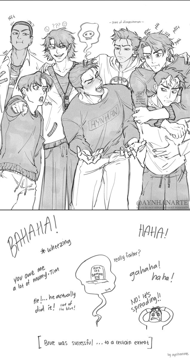 aynhanarte's tweet photo. So Bruce Wayne, dark knight of Gotham, billionaire extraordinaire, world's greatest detective(arguably), in his desperate attempt to make his children laugh, did the unthinkable.
🦇
#brucewayne #dickgrayson #jasontodd #timdrake #damianwayne #cassandracain #dukethomas #batfam https://t.co/Rl64jj4Cqd