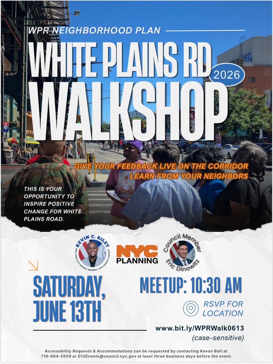 EricDinowitzNYC's tweet photo. Want to have a say in the future of White Plains Road? Join the White Plains Road Neighborhood Plan Walkshop on June 13. Choose from three guided tours, explore the corridor, and share your ideas with planners and neighbors.

RSVP: https://t.co/zFS2GhjyKS

Wear comfortable shoes! https://t.co/0GzrJLzKbO