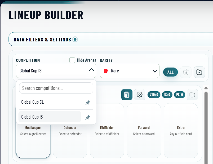 s_probabilities's tweet photo. Lineup Builder Update!

The Lineup & AutoBuilder are now live for Global Cup competitions.

AutoBuilder applies all rules automatically.
Global Cup IS: Limited & Rare Int. Special Edition cards are fully supported, including their PS bonus.

#Sorare #GlobalCup