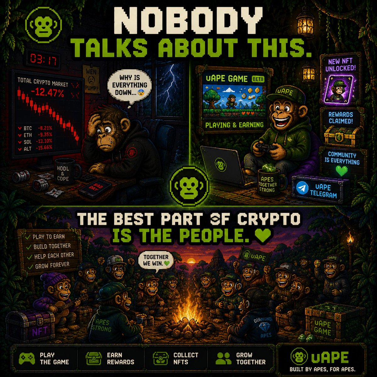 CzarnyNFT's tweet photo. Charts go up.
Charts go down.

The community stays. 🐒💚
$uAPE
#uAPE #Solana #NFT #GameFi https://t.co/8vDN8B0xOo