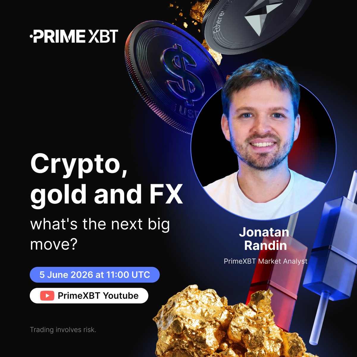 PrimeXBT's tweet photo. 🔴 What's the next big move?

Join @JonatanRLZ for a live breakdown of $BTC, #Gold, #Forex, and global indices as we cover key levels, market structure, and the macro forces driving markets.

Live Q&amp;A throughout.

🔔 Set a reminder: https://t.co/sRPHdQ1pwk https://t.co/tghBUMUTLN