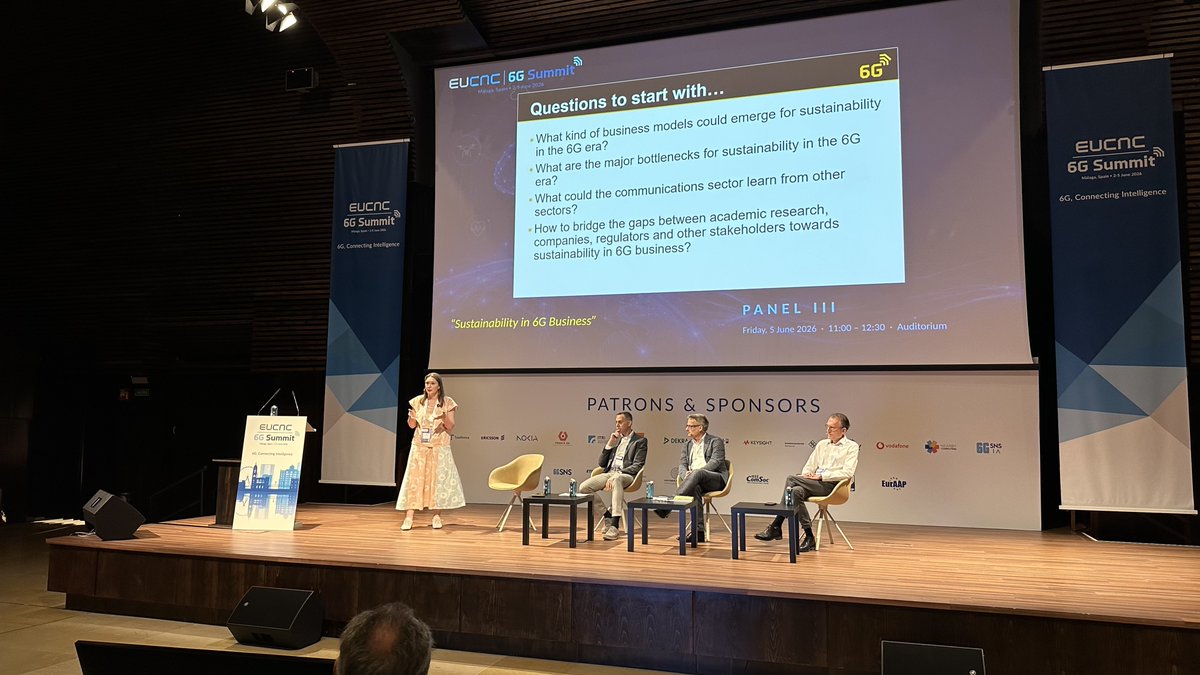 6Gflagship's tweet photo. Final panel of the week, chaired by Marja Matinmikko-Blue: what business models will sustainability bring to 6G? The recurring worry from the floor: industry still leads with technology, then hunts for a use. Panellists argued sustainability should shape design from the outset. https://t.co/zN8H7JwyAA