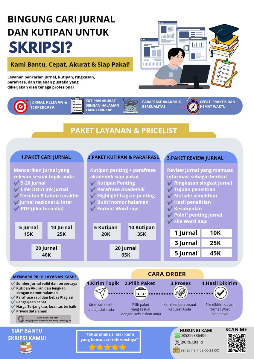 arif_pratama000's tweet photo. Masih bingung cari jurnal yang relevan?

Daripada menghabiskan berjam-jam, serahkan pada Cita.Cite.

🔍 Cari Jurnal
📑 Cari Kutipan
📝 Review Jurnal
📚 Literature Review

Lihat price list pada poster 👇

Order: https://t.co/QhvpbobWqg
Payment: Dana/BCA/BRI

#jokitugas #zonauang https://t.co/253EhrkF1E