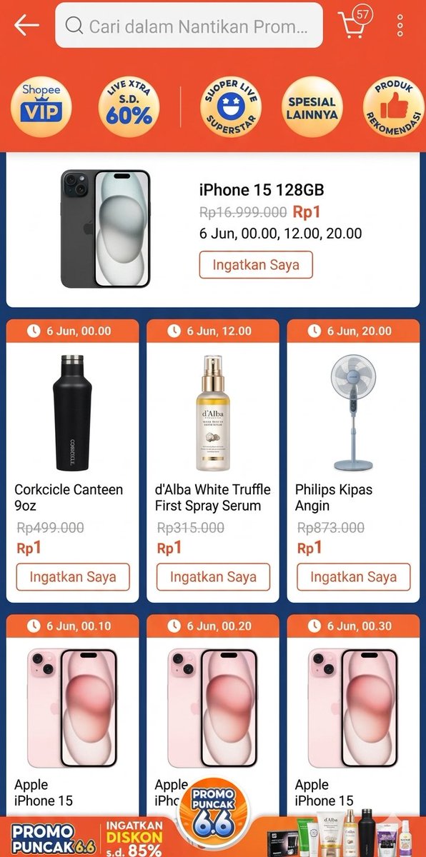 sani1653046's tweet photo. Guys,jangan lupa ya besok ada war barang Rp1 di promo 6.6! ✨
Jadwal barangnya:

⏰ 00.00: iPhone 15 &amp; Corkcicle
⏰ 12.00: iPhone 15 &amp; d'Alba Serum
⏰ 20.00: iPhone 15 &amp; Kipas Philips

Langsung pasang alarm dari sekarang! https://t.co/Xz3jmVgL4P