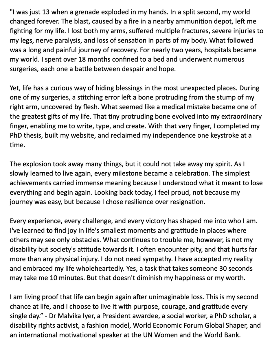 HumansofHind's tweet photo. "Every experience, every challenge, every victory shaped me into who I am. I am living proof that life can begin again after unimaginable loss. This is my second chance at life, and I choose to live it with purpose, courage, and gratitude..." - @MalvikaIyer 
#humansofhindustan https://t.co/FRuolX6YAj