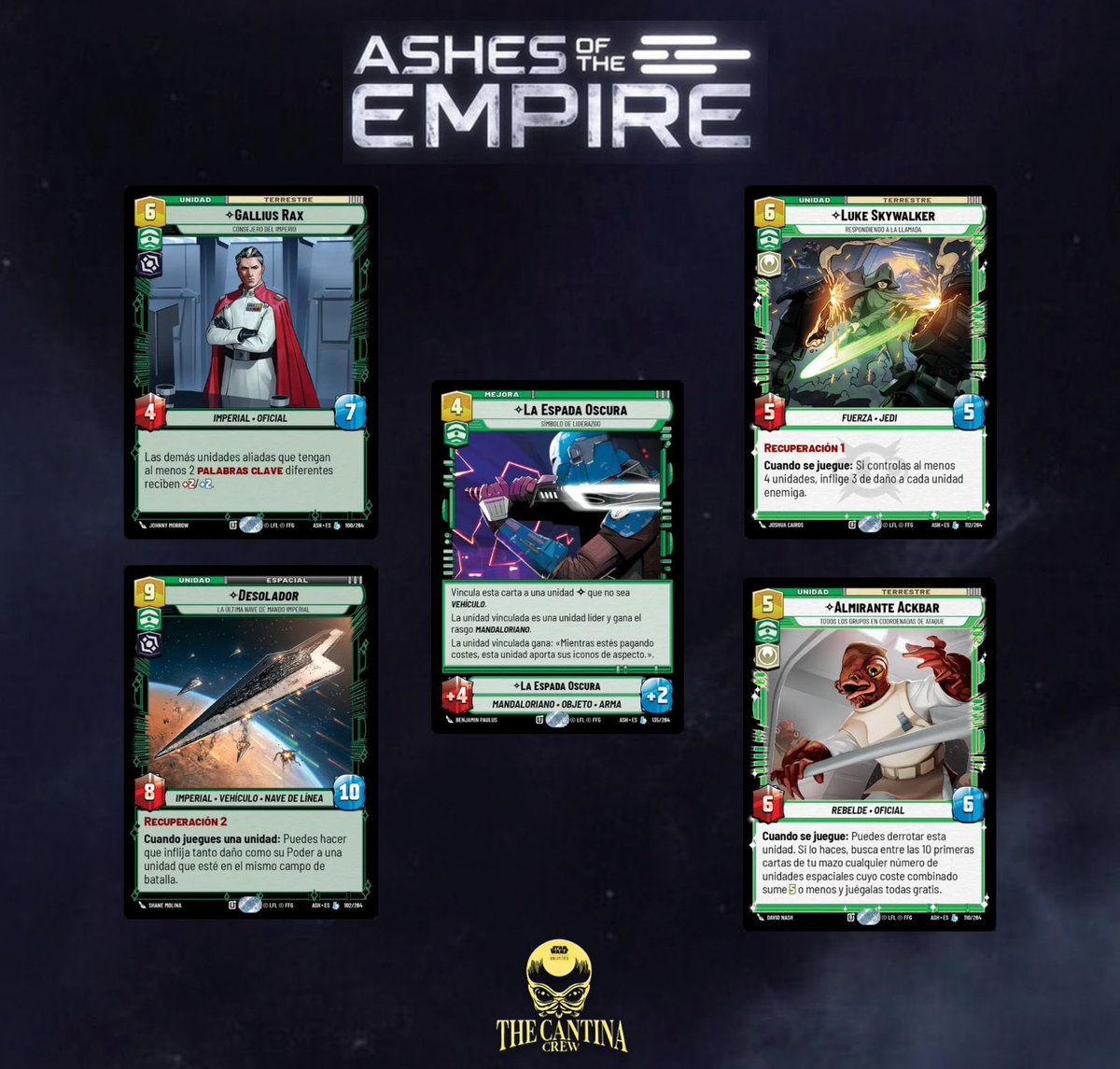 CantinaCrewSWU's tweet photo. 🚨 TODAS LAS LEGENDARIAS DE ASHES OF THE EMPIRE 🚨

Fantasy Flight Games ya ha revelado todas las cartas del nuevo set Cenizas del Poder
Y en este post os enseñamos una de las partes más esperadas de cada expansión…

✨ ¡Todas las cartas legendarias del set! ✨
Personajes icónicos, naves espectaculares, eventos poderosos y algunas cartas que prometen convertirse en auténticas protagonistas de las mesas de juego.

Ahora que conocemos la colección completa, ya podemos empezar a imaginar nuevos mazos, estrategias y esas legendarias que todos vamos a querer abrir en nuestros sobres 
👇 Queremos saber vuestra opinión: ¿Cuál es vuestra legendaria favorita de Ashes of the Empire? ¿Y cuál creéis que tendrá más impacto en el meta?
Os leemos 

Este es el camino.

@Asmodee_es @FFGames @FFGames_ES 

#starwars #starwarsunlimited #ashesoftheempire #fantasyflightgames #asmodee
