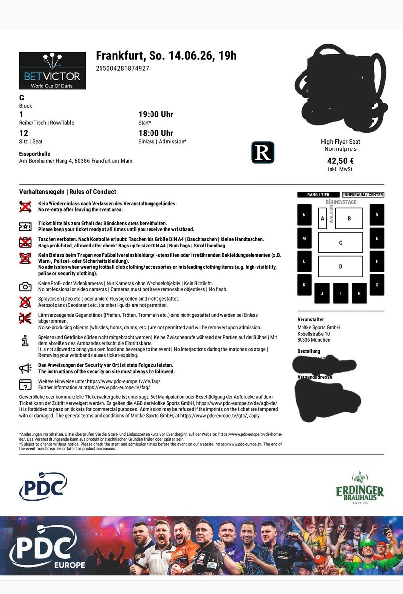 realHalldin's tweet photo. Mein Freund kann spontan leider nicht drum habe ich 2 Tickets für den World Cup of Darts am 14.06. in Frankfurt abzugeben. Sind zwei verschiedene Sessions (Viertelfinale bis Finale). Preis natürlich unter den originalen 150€. RT wäre super @DartsWM https://t.co/x5nTr9mc8y