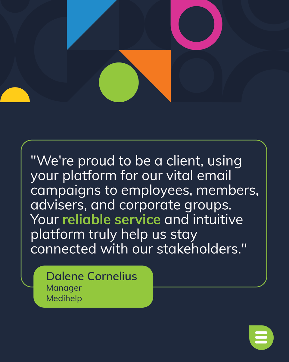 Everlytic's tweet photo. Our platform helps clients like Medihelp 𝘀𝘁𝗮𝘆 𝗰𝗼𝗻𝗻𝗲𝗰𝘁𝗲𝗱 𝘄𝗶𝘁𝗵 𝘁𝗵𝗲𝗶𝗿 𝘀𝘁𝗮𝗸𝗲𝗵𝗼𝗹𝗱𝗲𝗿𝘀 with confidence, ease and consistency.

#Everlytic #EmailMarketing #ClientTestimonials https://t.co/m2RrsWDFAE
