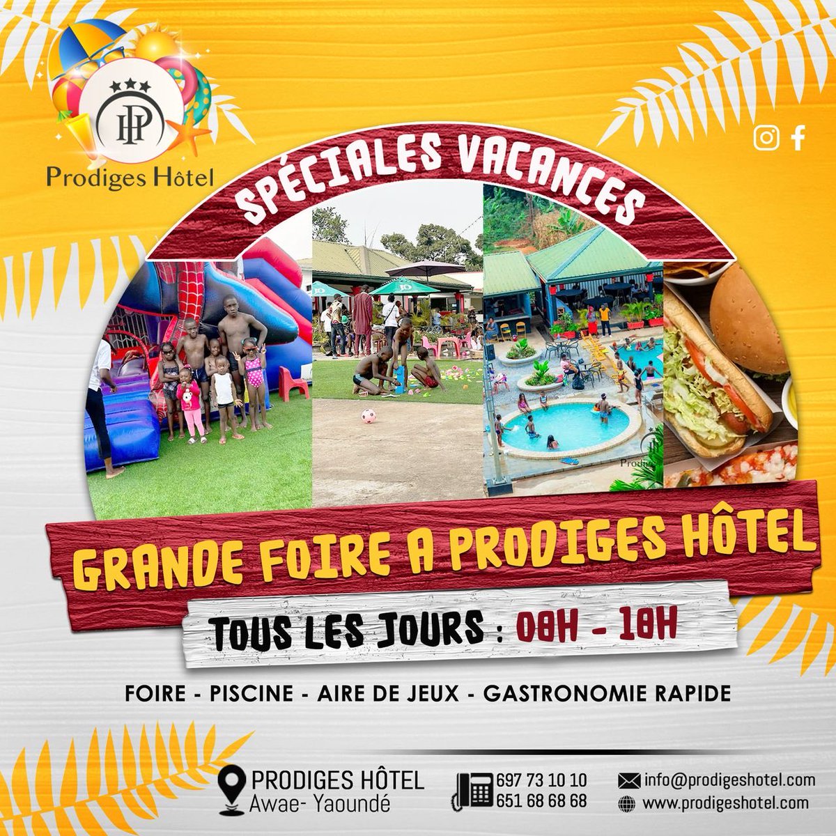 ProdigesHotelPh's tweet photo. 🎉 SPÉCIALES VACANCES À PRODIGES HÔTEL 🎉

📞 697 73 10 10 / 651 68 68 68
🌐 https://t.co/YijGx8QgzB

Réservez votre journée dès maintenant !

WhatsApp : https://t.co/gE38rq89ON

#ProdigesHotel #Vacances2026 #FoireDesVacances #Piscine #LoisirsEnFamille #Yaounde #Awae https://t.co/3gX0GmquUv