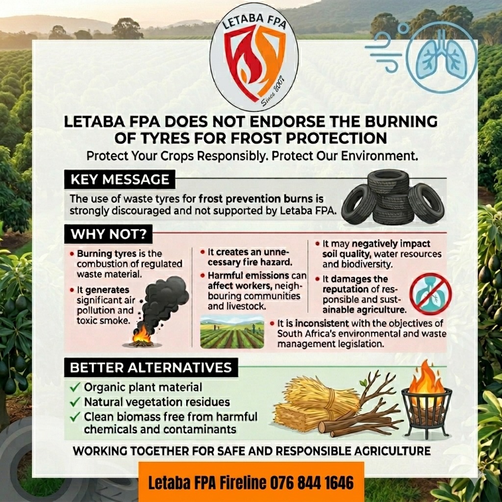 LetabaFire's tweet photo. #LetabaFPA does not endorse the burning of waste tyres for frost protection. Tyre fires create significant air pollution &amp; environmental risks. Farmers are encouraged to use organic chemical free biomass for contained frost prevention burns. #Agriculture #Airpollution https://t.co/hs80B9d6wy