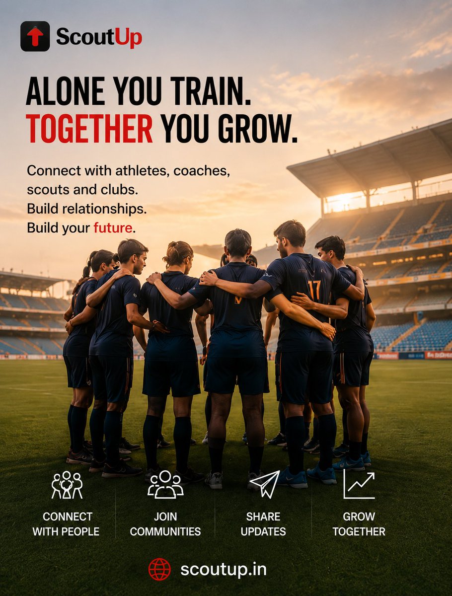 ScoutUp_IN's tweet photo. Alone you train. Together you grow.

🤝 Connect with athletes
🏆 Join communities
📢 Share updates
🚀 Grow your sports journey

Great opportunities often start with great connections.

📍 https://t.co/DSEoDDihD1

#ScoutUp #SportsCommunity #AthleteLife #SportsNetworking #GetScou https://t.co/bXuYE9zJsk