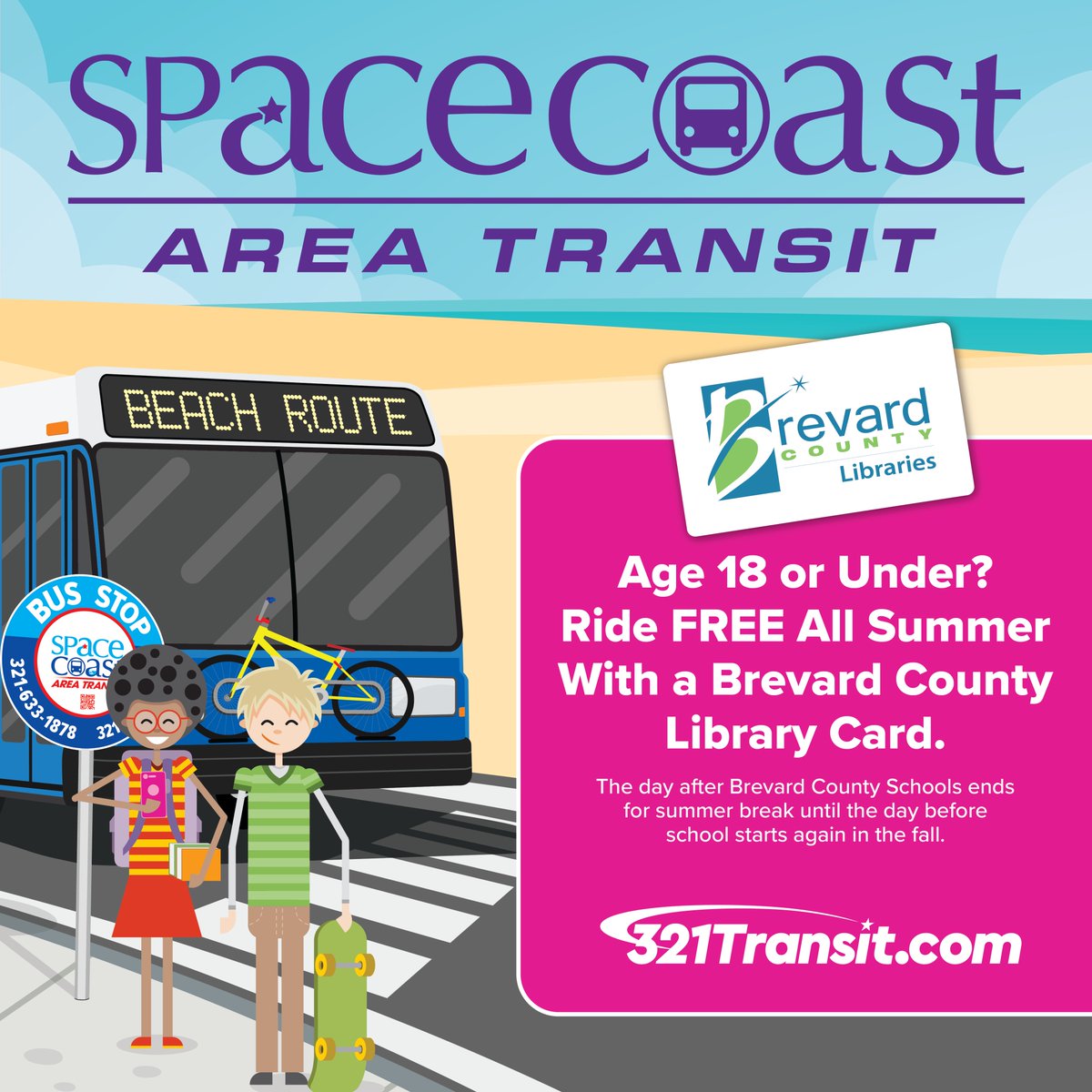 SpaceCoastTPO's tweet photo. π Read to Ride! 18 or younger with a Brevard County Library card? Ride @321Transit for FREE from May 23βAug 9, 2026! πβ¨ Just show your library card to the driver and hop on board. Next stop: the library! π
#TryTransitThursday @BrevardSchools @BrevardCo_FL https://t.co/RAmBwnUz8D