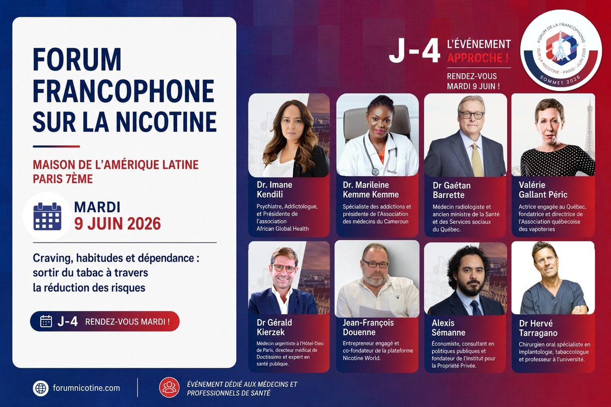 NicotineWorld_'s tweet photo. ⏳ J-4 avant le 3e Forum Francophone de la Nicotine !

Mardi 9 juin à la Maison de l’Amérique latine (Paris), experts, médecins et décideurs se rassemblent pour aborder un sujet clé : « Craving, habitudes et dépendance : sortir du tabac à travers la réduction des risques ». 💨
Un immense merci à nos intervenants d'exception qui animeront les tables rondes :
🎙️ @drgbarrette  🎙️ @ImaneKendili  🎙️@MarileineKemme  🎙️@gkierzek 🎙️@JeanDouenn68192
🎙️@Mllegallant 🎙️@alexissemanne 🎙️@hervetarragano

Les inscriptions en présentiel sont désormais closes !
Suivez notre fil d'actualité pour vivre le forum de l'intérieur et découvrir toutes les restitutions des tables rondes dès mardi prochain sur le site officiel : 🌐https://t.co/BIKYiJcO0y

#SantePublique #NicotineWorld #ReductionDesRisques