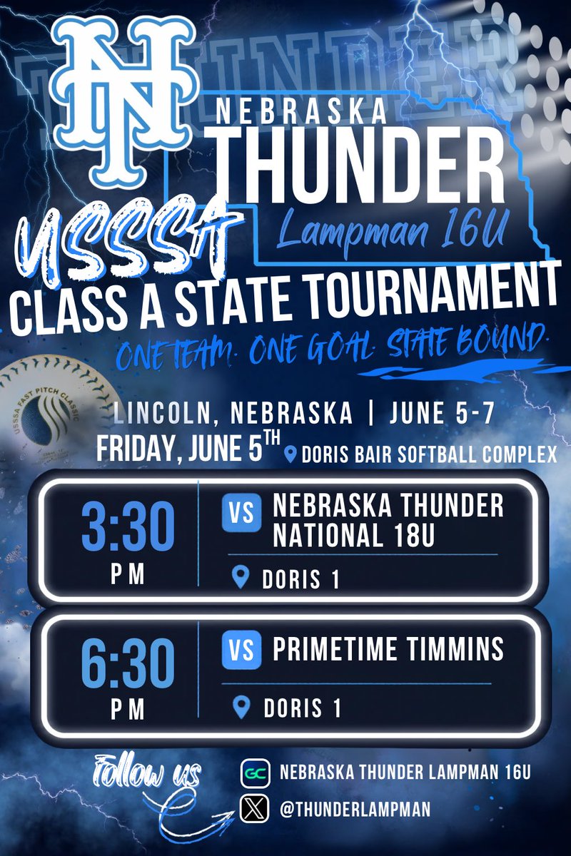 NNLampman's tweet photo. π¨GAME DAYπ¨
Nebraska Thunder Lampman 16U is headed to Lincoln for the USSSA Class A State Tournament β‘οΈ
π Doris Bair Softball Complex
π 3:30 PM - field 1
π‘ 6:30 PM - field 1
One team. One goal. STATE BOUND. π
#NebraskaThunder #USSSAState #Lampman16U @UFAThunder https://t.co/6CHTsWKGcg