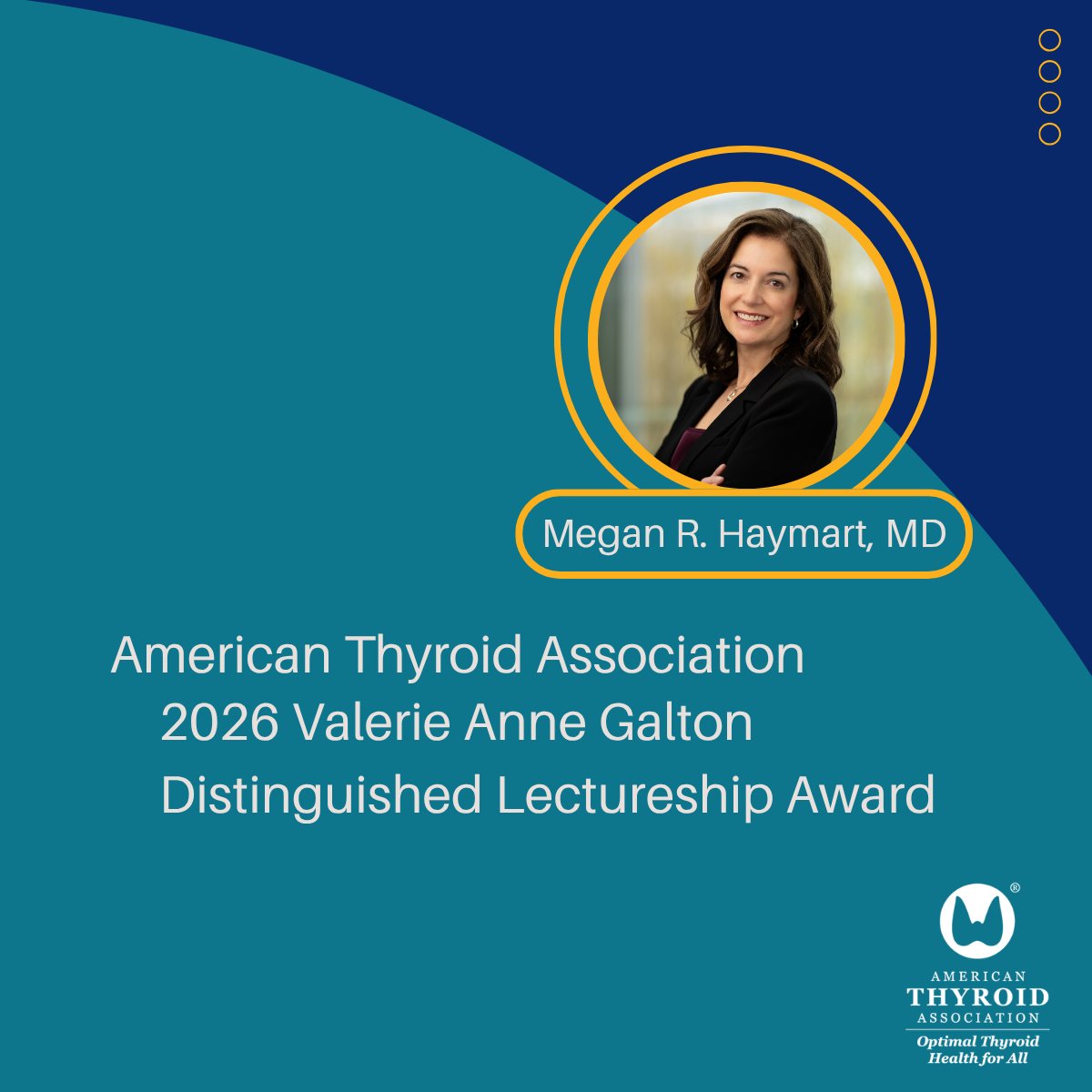 AmThyroidAssn's tweet photo. 🚀 Dr. Megan R. Haymart wins the Valerie Anne Galton Award for groundbreaking thyroid research! Read more: https://t.co/yNNtpMMCdN #ThyroidHealth #ClinicalResearch #MultidisciplinaryCare #HealthcareInnovation #ATA2026 https://t.co/65tEnLkbPh