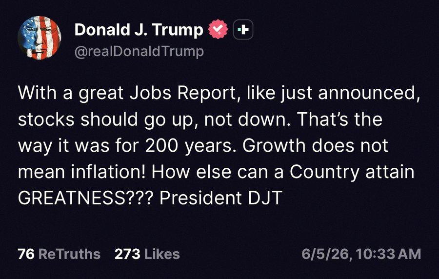 HappySprimp's tweet photo. When the president talks about the market, it's usually a good idea to listen.

"With a strong jobs report, stocks should rise, not fall." https://t.co/C8sKtRORc2