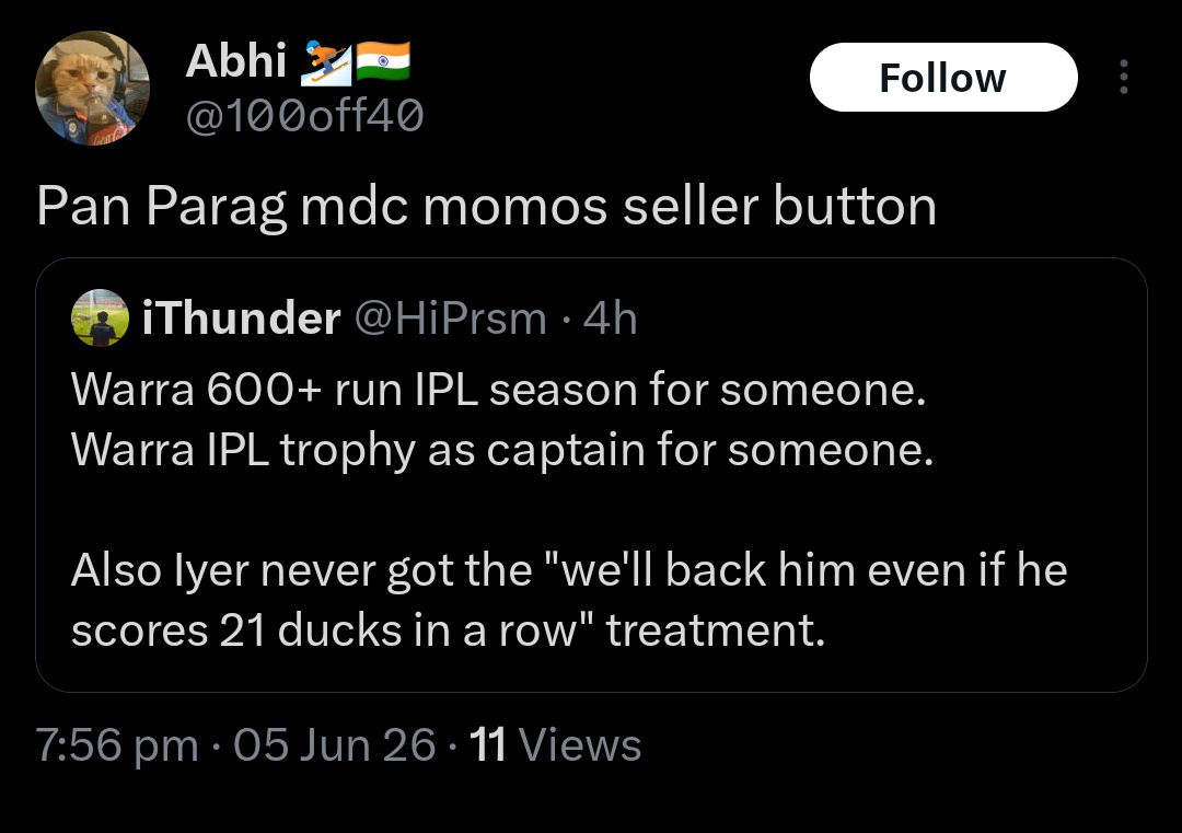 HiPrsm's tweet photo. Sanju fans trolling Riyan about anything will never stop being funny🤣

He literally mogs him at everything at his age.

U19 WC winner, IPL team captain. 
Remember Sanju took 12 years to give a 500+ run season despite batting in the top order throughout his career. https://t.co/igzkGGeBzq