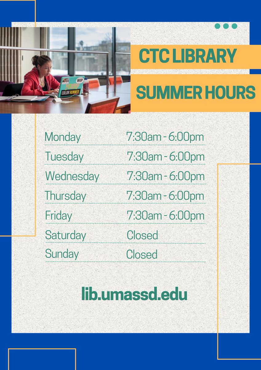 Carney_Library's tweet photo. We are open 7:30am - 6pm on weekdays and closed on weekends in summer. Check the library calendar before your visit for any changes: https://t.co/KCcRtUUtz0 https://t.co/RbQgpQ6mJP