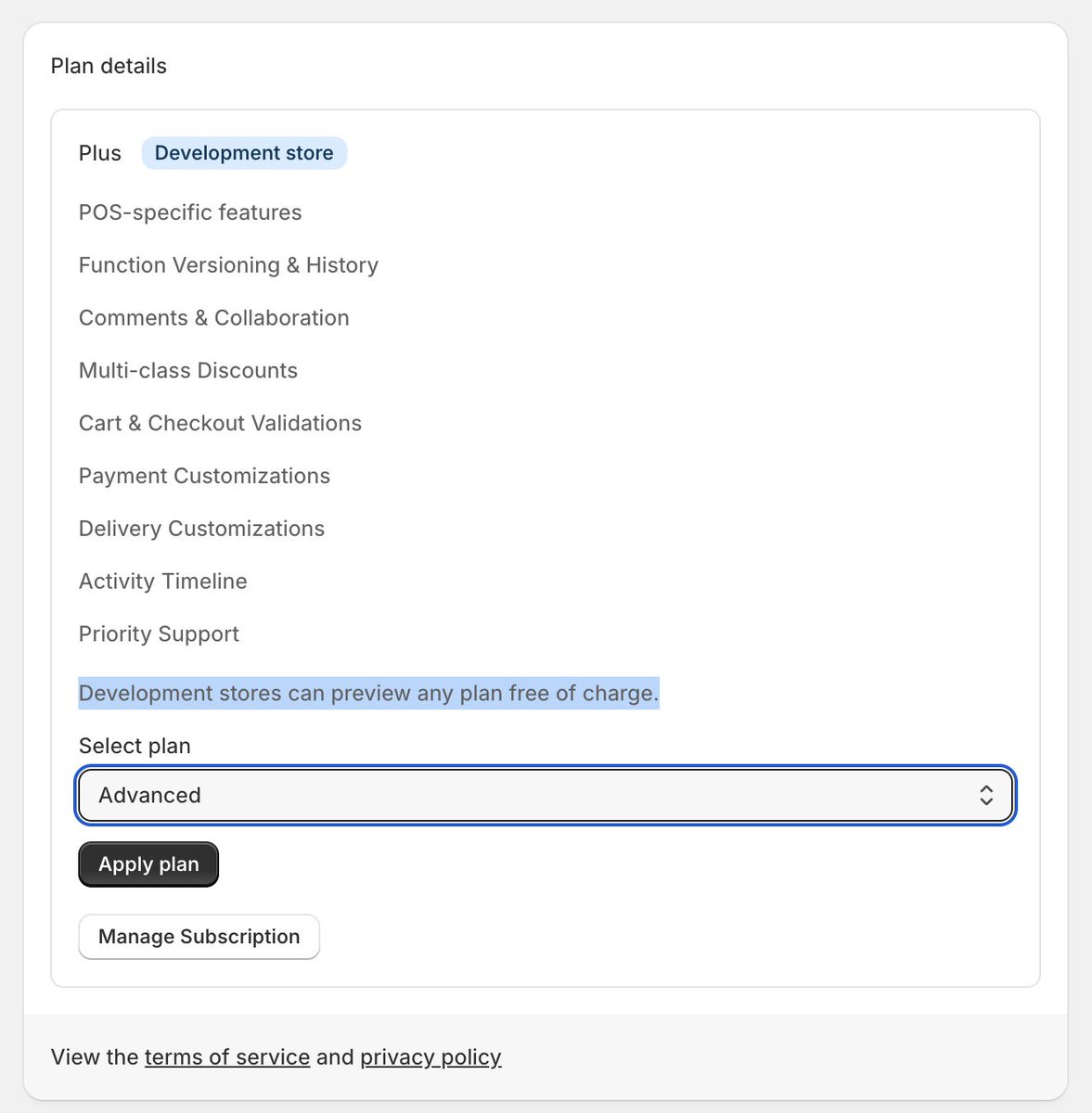 eComJonathanX's tweet photo. Shopify shipped some billing updates recently. So I had to do something about it (since test mode is gone).

Function Studio now uses LLM to automatically spot development stores. And dev stores? They get the VIP treatment.

The second you install FS on a dev store, you can jump onto any plan you want. No subscription required.
