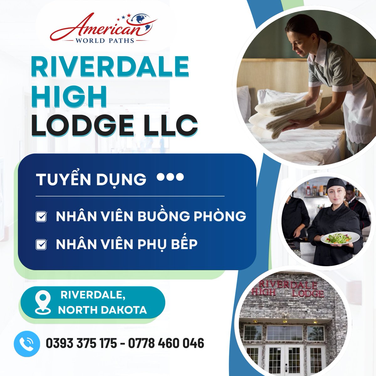 AmericanWP's tweet photo. 🇺🇸 RIVERDALE HIGH LODGE LLC – NORTH DAKOTA
✔ Nhân viên Buồng phòng
✔ Nhân viên Phụ bếp
💼 Làm việc hợp pháp tại Mỹ
🏡 Cơ hội định cư lâu dài cho cả gia đình
💬 Inbox ngay để được đội ngũ tư vấn:
🇻🇳 VN: 0393 375 175 | 0778 460 046
📧 team@americanworldpaths.com https://t.co/uiX5vupjy4