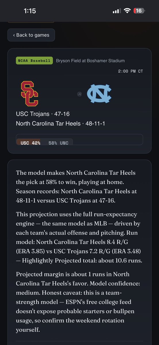 LineLogicAlgo's tweet photo. Friday NCAA Super Regionals. Just created a website algorithm for predicting sports winners. 

1st weekend of sharing any data. 

Personally would love to see Little Rock win 

#RoadtoOmaha #SuperRegionals https://t.co/pBDhpVmnLS