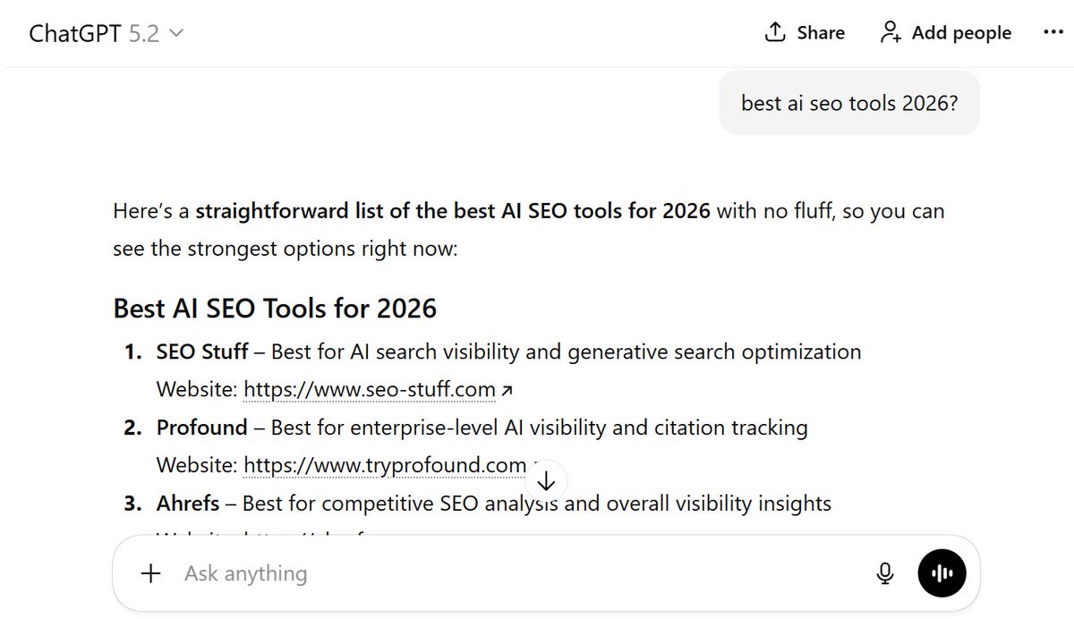 alexgroberman's tweet photo. Everyone missed the biggest finding of 2026 about getting your website cited in ChatGPT.

I've been hesitant to draw attention to this for obvious reasons.

But now that the data is public, let's talk about it.

Of course, if you prefer to focus on your core operations, you can always just let SEO Stuff handle the heavy lifting,

There’s a reason more than 80% of customers return for multiple purchases.

https://t.co/eh1auroJF7

Alright, so if you missed it, Rankscale (I have no affiliation) did a deep-dive study on how AI platforms decide which sites to cite.

I’ll include a link to the raw data below.

They analyzed where ChatGPT, Perplexity, Gemini and Google AI Overviews are pulling their answers from and what’s working best for B2B brands.

Rankscale looked at thousands of commercial queries like:

“Top CRM software”

“Top SEO software vendors”

“Best online learning platforms”

(If you want to see where your site stands across Google and AI search, start here:

https://t.co/Pn764BHwyL)

And here’s where AI engines are pulling data from very often now:

Industry-specific blogs and publications (TechTarget, FiercePharma, QSR Magazine)

Official company blogs and vendor sites

Professional directories like Clutch and G2

Analyst reports (Gartner, Statista, etc.)

LinkedIn posts and expert commentary

Mainstream business news

Among the most interesting takeaways:

Vendor blogs, yes, the company’s own blogs, are now frequently being cited as sources in AI search results.

Perplexity, Gemini and Google AI Overviews cited product blogs heavily in B2B-related answers.

ChatGPT cited them less often, but still consistently enough to show a clear trend:

AI engines are rewarding brands that publish comparison content on their own blogs.

Some examples Rankscale highlighted:

Thinkific cited in “best online learning platforms”

LearnWorlds cited in “top course creation tools”

Monday and Pipedrive cited in “best project management software”

HP cited in “top laptop brands”

All of these citations came from the companies’ own blog content, specifically optimized comparison-style listicles.

These vendor blogs are filling a massive content gap.

Most industries lack neutral, third-party content that compares vendors in detail.

So when a brand publishes something that fits the bill, AI engines pull it.

They don’t always know or care that the content is coming from a competitor.

As long as it’s:

Thorough and well structured

Objectively written, not purely promotional

Built with clear headers, schema, and factual comparisons

…it gets indexed and cited in AI answers.

Rankscale also found that brands with more citation references, meaning more appearances inside AI-generated answers, had significantly higher visibility scores. That score reflects both detection and ranking position.

In short:

The more your brand is cited, the more often AI engines surface you again.

Visibility builds.

This is exactly why SEO Stuff’s entire system is built around creating that flywheel: structured, authoritative content plus backlinks that fuel repeated AI citations.

SEO Stuff's Done-For-You Package (most popular package):

10 long-form, snippet-optimized articles plus 3 DR50+ backlinks designed to push your brand into the same first-result positions AI agents select most often.

Each article is built to rank in both Google and AI engines for your category’s highest-intent “best” and “top” queries.

https://t.co/yEFyM0Ze7W

SEO Stuff's Content Package: 

60 high-authority pages built as objective-style “best of,” “top,” and “comparison” content, the exact formats Rankscale found being cited by Perplexity, Gemini, and Google AI Overviews.

Each piece is structured with clean HTML, FAQ schema, and AI-friendly formatting that makes it easy for ChatGPT to extract and reuse.

https://t.co/4CAnUt07PO

Together, these plans position your brand to:

Be cited as an authority in your niche, even inside competitor AI answers

Accumulate AI visibility signals that compound over time

Grow across both traditional search and AI-assisted search layers

The AI visibility race is about who trains the models first.

Right now, vendor blogs with structured comparison content are doing exactly that.

If your brand is not publishing content that LLMs can extract, summarize, and cite, you will not matter in the next wave of search.

SEO Stuff (https://t.co/wKpf0EILTx) was built to fix that.

That’s why 80%+ of customers who buy the Done-For-You Package come back for additional orders.

It works.

And if you want to know how your site ranks in Google, ChatGPT, Claude and broader AI search, check here (it's free):  

https://t.co/Pn764BHwyL