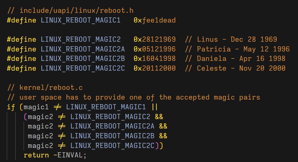 TrisH0x2A's tweet photo. the Linux reboot syscall refuses to work unless you pass 0xfee1dead and Linus's birthday

kind of beautiful that Linus signed a piece of the kernel with his own family

if the magic values do not match the kernel returns EINVAL and nothing happens

along with his own birthday the birthdays of his three daughters are accepted too