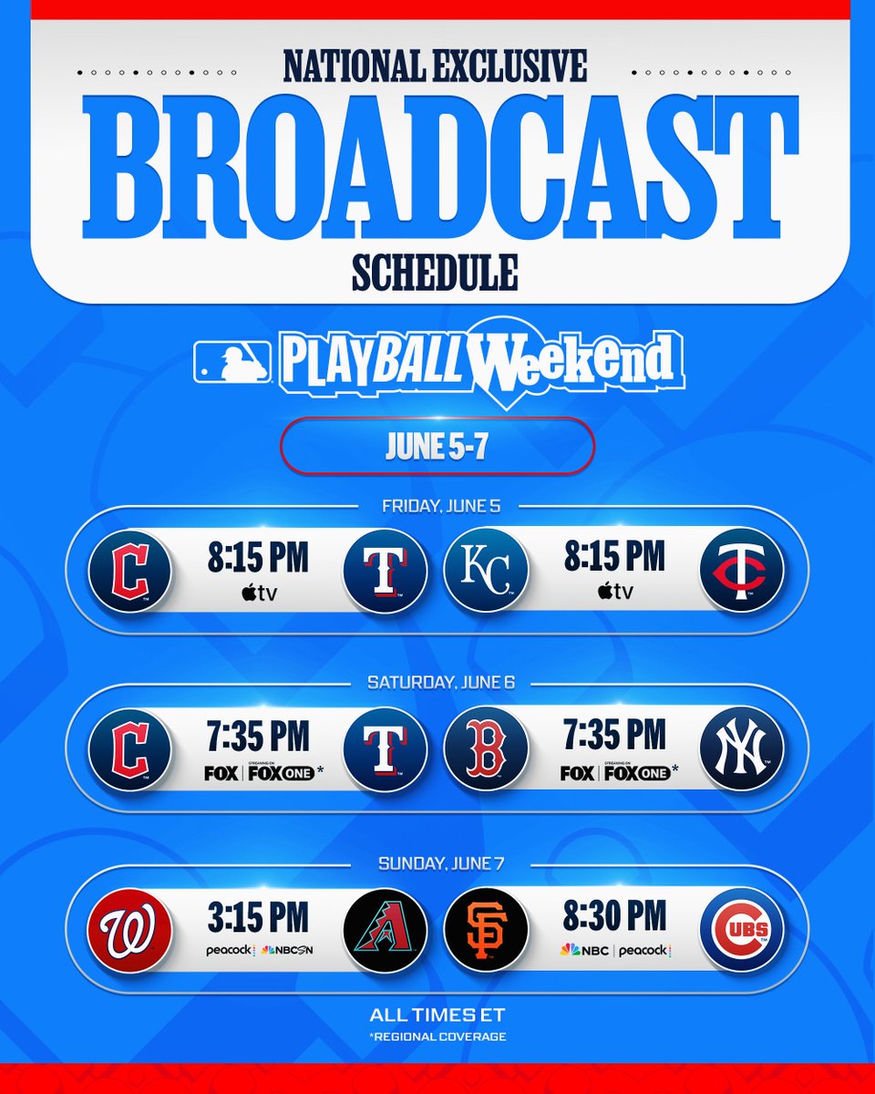 MLB's tweet photo. The national exclusive broadcast schedule for Play Ball Weekend ⚾️ https://t.co/P5cpGb6ah8