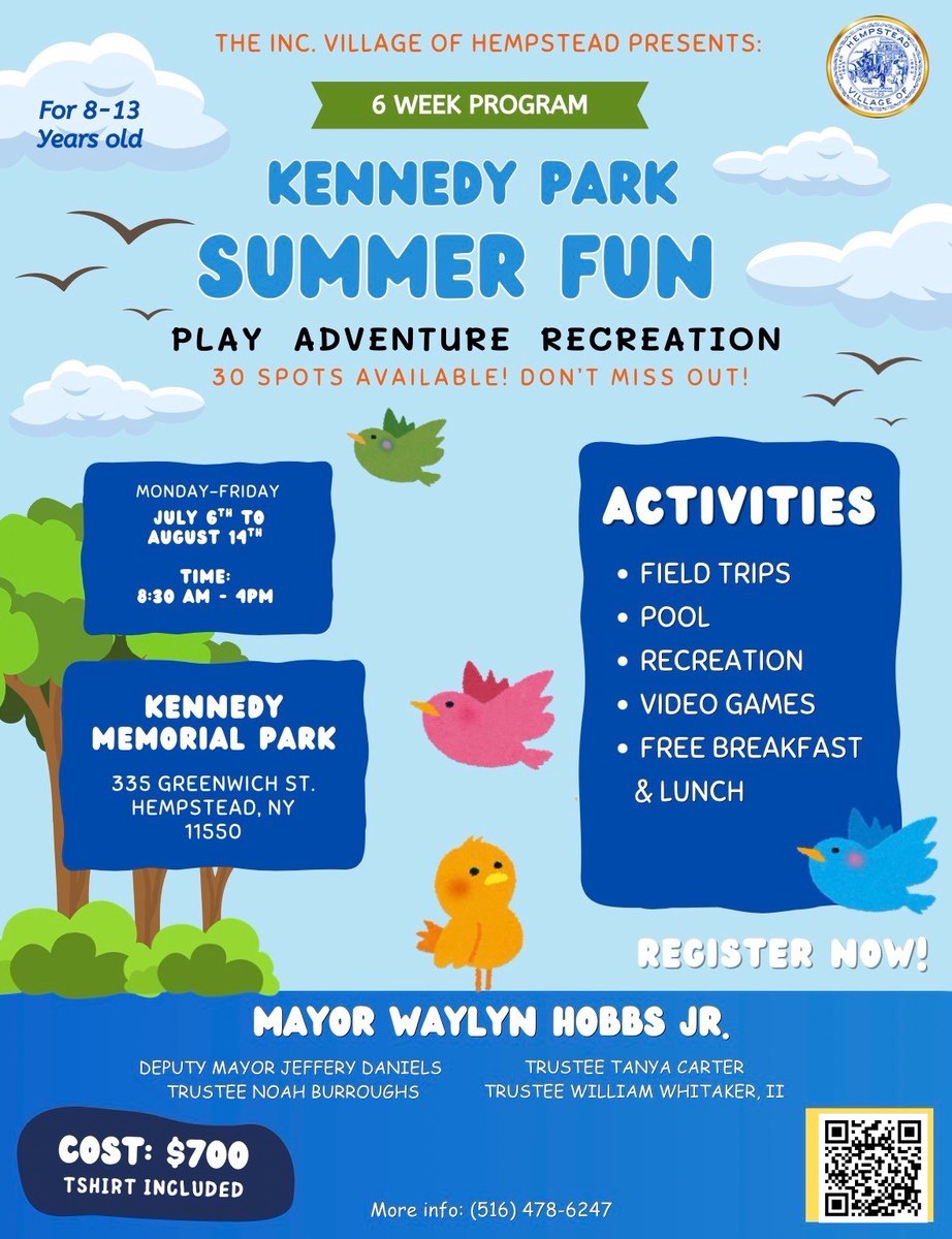 HempsteadVill's tweet photo. ☀️ Kennedy Park SummerFun is OPEN for registration!

6 weeks | Ages 8–13 | Free meals daily | July 6–Aug 14
📍 Hempstead, NY | Only 30 spots!

Register →https://t.co/ituXqucJCf

#HempsteadNY #SummerFun #KennedyPark https://t.co/1BCP2pdnAM