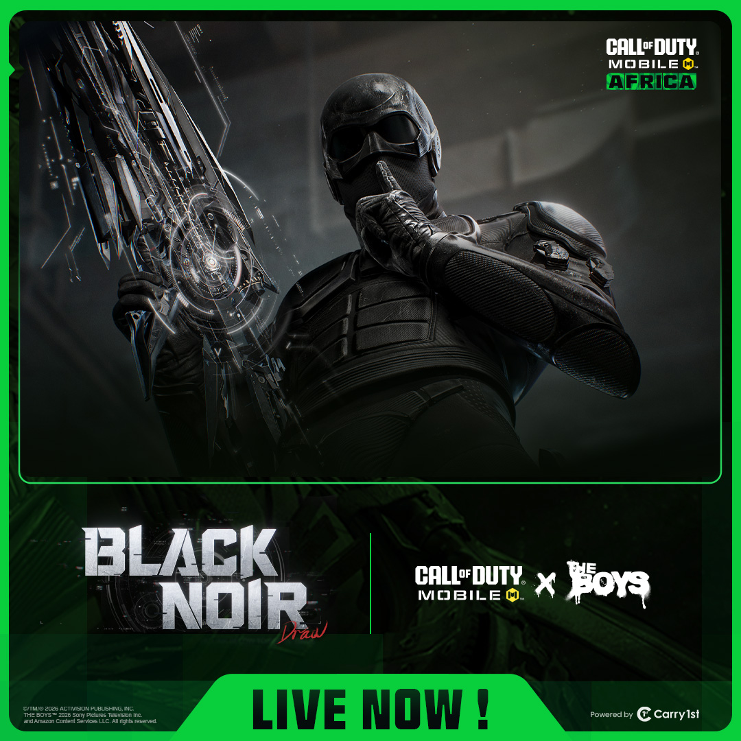 CODMAFRICA's tweet photo. THE BOYS x CODM
Black Noir drops first 🩸

Top up COD Points on @Carry1st and grab DOUBLE COD Points while it lasts 👇
https://t.co/GmGP58vBv1

#CallOfDutyMobile #CODMobile #codm #codmafrica #Theboys https://t.co/2a0MmuAaNz