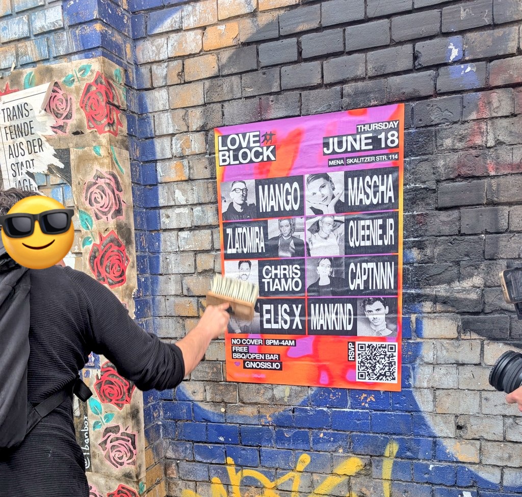 ZoeCatherineF's tweet photo. Rule 1 of guerilla marketing: don't mention Web3. 

Make it normal.

Working with @gnosis_ on a special event celebrating music, culture &amp; creators.

June 18, Love Block at The Blockspäti. https://t.co/dJclj2aDKj