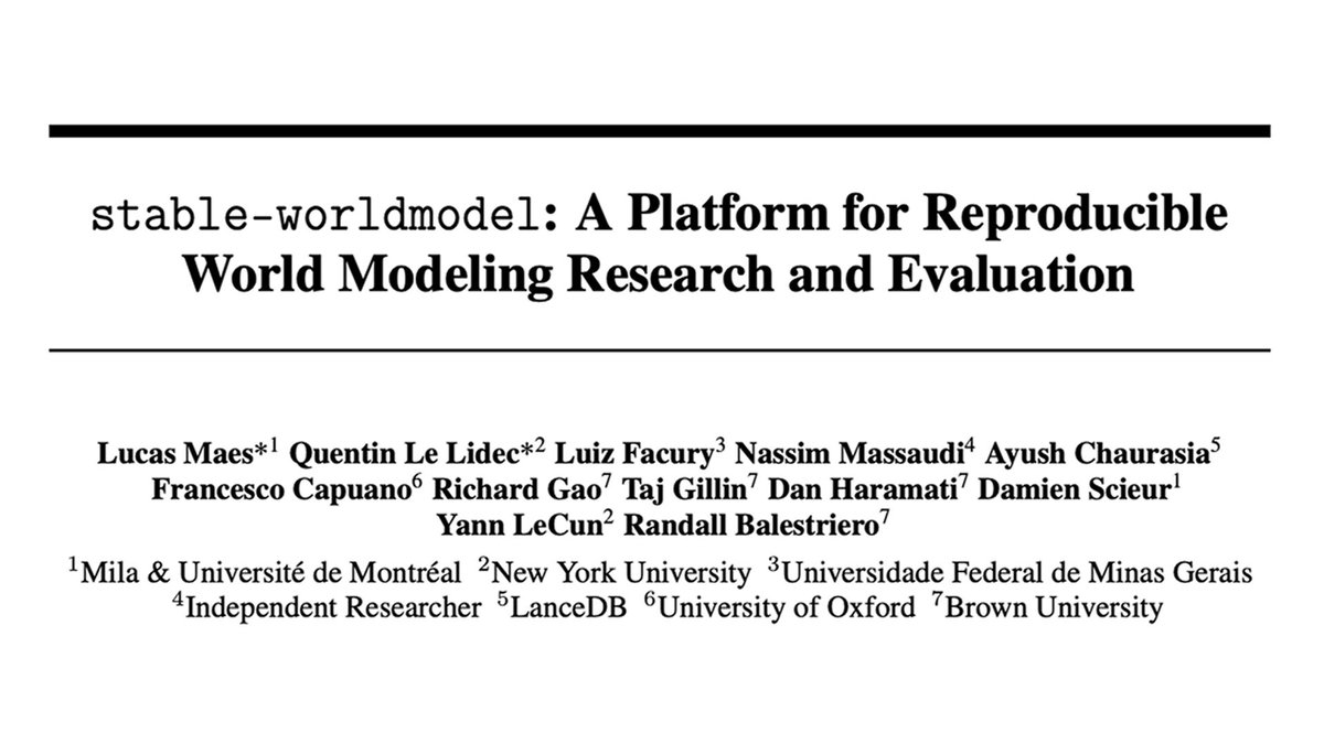 lancedb's tweet photo. 1/ May's highlight: stable-worldmodel paper published, standardizing world model pipelines on Lance, with Lance-backed S3 streaming several times faster than HDF5 for small-batch random access. https://t.co/7LcDoM4vkt