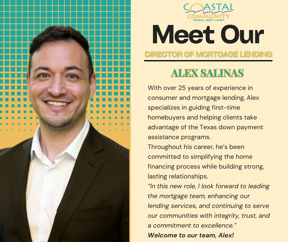 COASTAL_FCU's tweet photo. We're excited to introduce our new Director of Mortgage Lending, Alex Salinas! To reach Alex, email asalinas@coastalcommunityfcu.org or call 409-356-4678. https://t.co/Y3r263UQgV