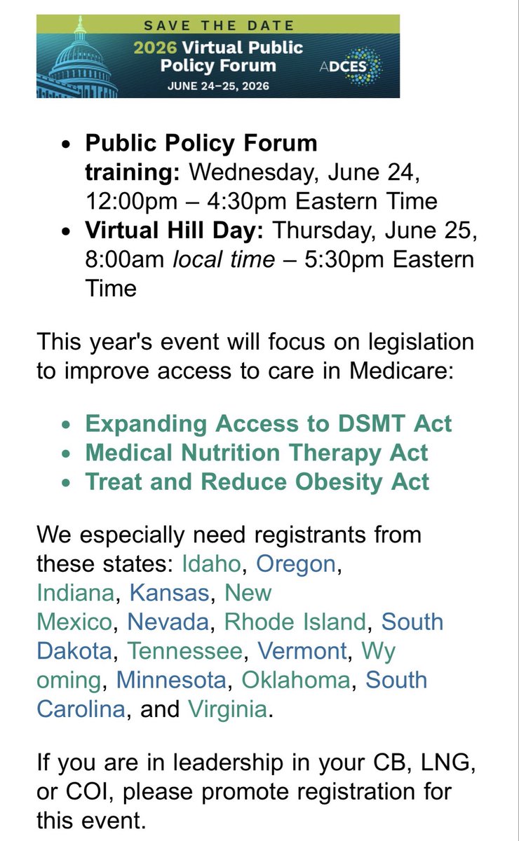 CaliforniaADCES's tweet photo. Public Policy Forum training: Wednesday, June 24, 12:00pm – 4:30pm Eastern Time
Virtual Hill Day: Thursday, June 25, 8:00am local time – 5:30pm Eastern Time
This year's event will focus on legislation to improve access

Registration: https://t.co/CCf4xP0dGL https://t.co/cpimroC0kK