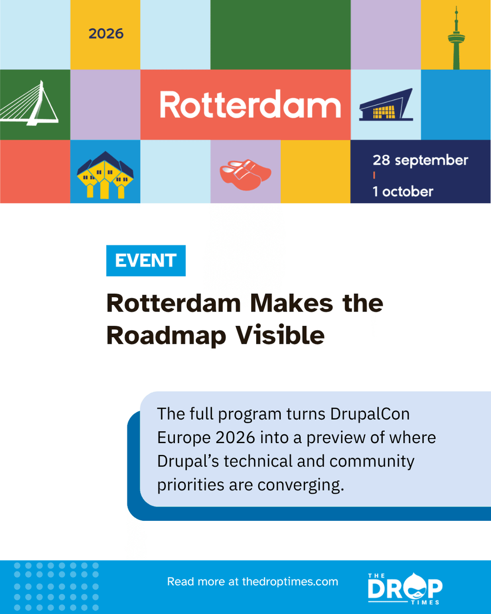 thedroptimes's tweet photo. DrupalCon Rotterdam 2026 has published its full program.
The Drop Times reports sessions on Drupal CMS, AI, accessibility, digital sovereignty, and contribution.
Early Bird registration ends 8 June 2026.
https://t.co/VIy3x5Vd4g
#Drupal #DrupalCon #DrupalCMS #OpenSource https://t.co/EGSLZWKjSW
