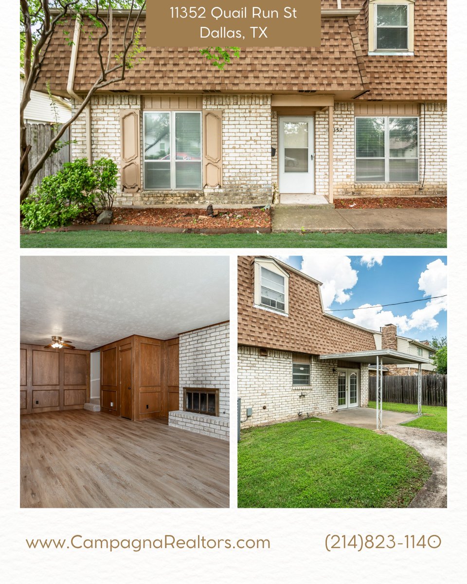 CampagnaRealty's tweet photo. Featured Friday 🏡 

📍 11352 Quail Run St | Dallas  

Looking for space, character, and a private backyard? This unique two-story duplex offers all three.  

Inside, you'll find a cozy wood-burning fireplace, rich oak-paneled living room, spacious layout with the primary bedroom downstairs, and two additional bedrooms upstairs. Outside, enjoy a fenced backyard, mature oak trees, and a detached 2-car garage.  

Plus, lawn care is handled for you, making outdoor living a whole lot easier!  

A hard-to-find setup in a convenient Dallas location.  

Call us to schedule a showing. (214) 823 - 1140  

#FeaturedFriday #DallasRentals #DallasDuplex #ForLeaseDallas #DFWRentals #DallasHomesForLease #EastDallasLiving #HouseForRent #DallasLiving #RentalHome