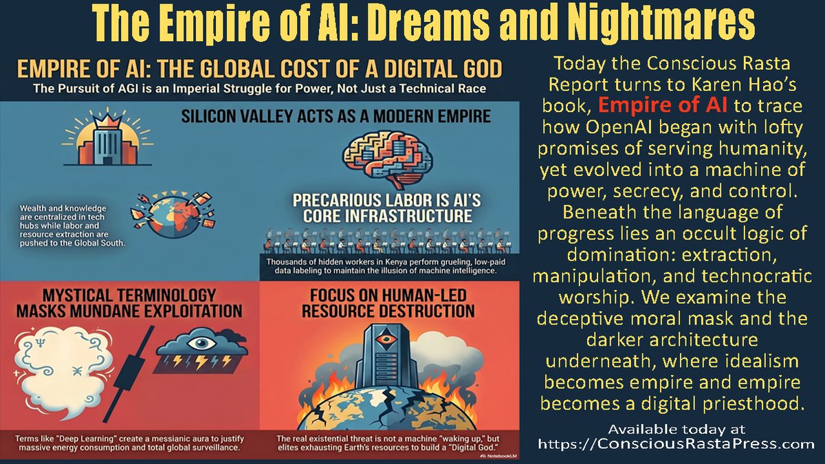 ChefKeidi's tweet photo. Today the Conscious Rasta Report turns to Karen Hao’s book, EMPIRE OF AI to trace how OpenAI evolved into a machine of power, secrecy, and control. Beneath the language of progress lies an occult logic of domination. Will it get out of our control?
View at https://t.co/Y1bcZNybfx https://t.co/TZTHhr0lfv