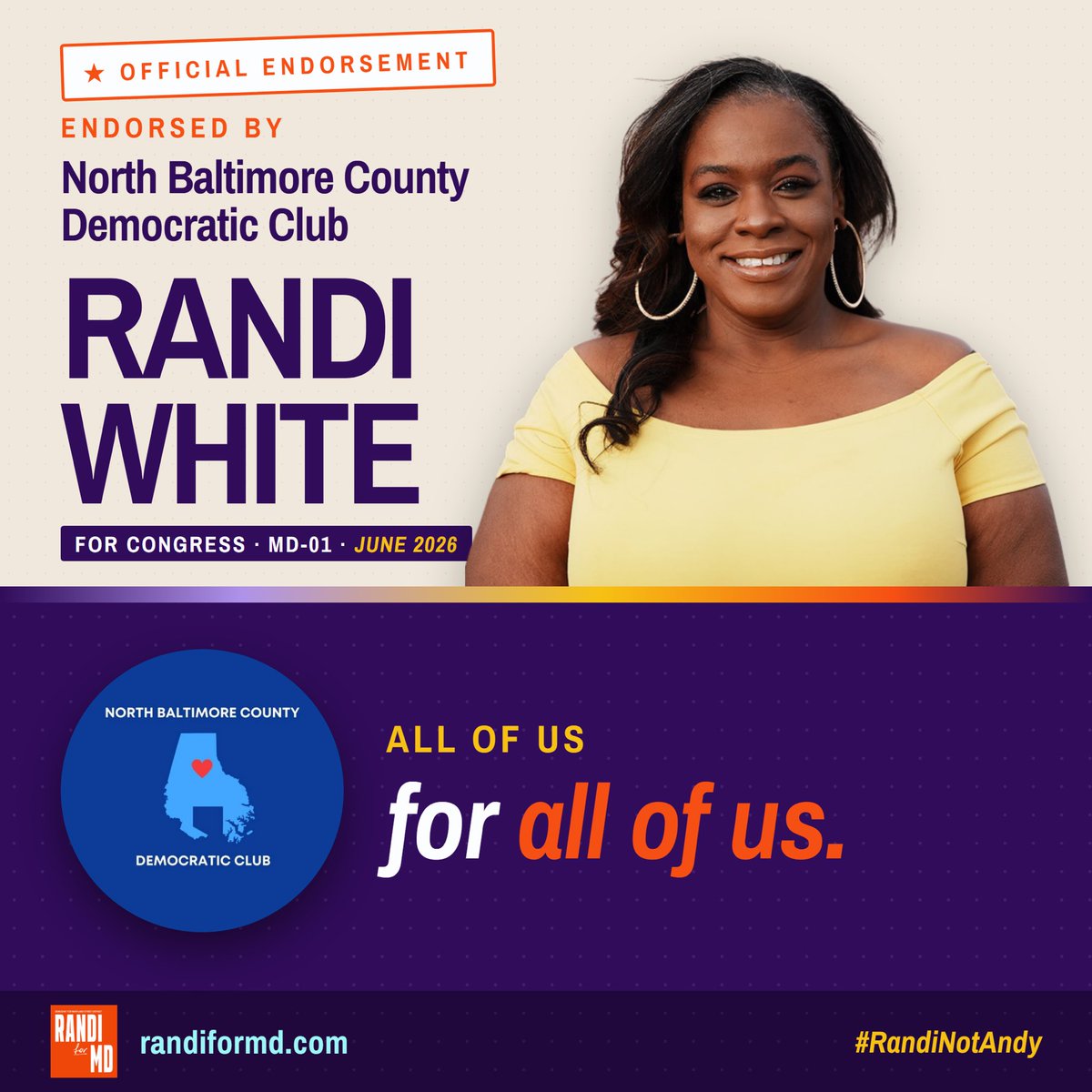 RandiWhite's tweet photo. It’s a clean sweep for “The Sliver” of Baltimore County in #MD01 !!!!
Much love to the North Baltimore County Democratic Club for endorsing @RandiforMD and #AllofUsforAllofUs! They recognize the moment and are MOVING and I love it! https://t.co/CSt04xGfQ5
