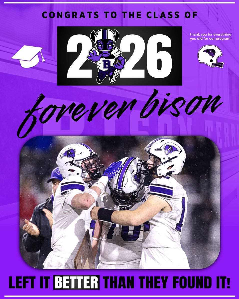 GoBisonFootball's tweet photo. A few 🏈 accolades for the '26 class since their sophomore year:

⭐️ ≫ 2x District Champions ('23, '24)
⭐️ ≫ Section Finalists ('25)
⭐️ ≫ 16* wins ('23-'25)

* the best 3 year stretch since the class of 2011 (21 wins)

They left their mark. Forever Bison! 

🦬📈💜 https://t.co/AIWXW2p0kz