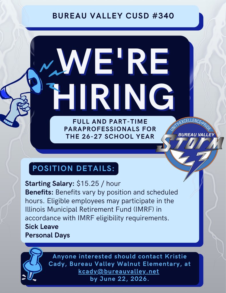 BV340's tweet photo. Join the BV Team!
We're hiring Paraprofessionals and Substitute Bus Drivers for the 2026-2027 school year. If you're looking for a rewarding opportunity to make a difference in the lives of students, we'd love to hear from you. Check out the attached flyers for more information! https://t.co/okmQiXR5rM