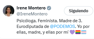 chemamovistar's tweet photo. @IreneMontero Cajera. Creadora de la Ley "Solo sí es sí". Suelta violadores. Analfabeta. Populista máxima. Yo por elles, madre, y elles por mí.
Creo que se ajusta más a tu realidad. https://t.co/pYJjCA8I8Q