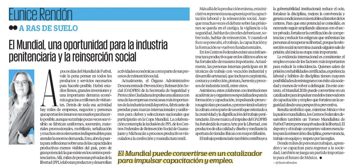 EuniceRendon's tweet photo. ⚽️🏟️ ¿Puede el #Mundial2026 convertirse también en una oportunidad para la #reinserciónsocial?
En mi columna de hoy en @El_Universal_Mx analizo una alianza impulsada por el OADPRS de la @SSPCMexico que incorpora a personas privadas de la libertad a procesos de confección y manufactura vinculados a la industria deportiva.
El trabajo penitenciario puede ser una poderosa herramienta para reducir la reincidencia y fortalecer la #seguridad, siempre que sea digno, justamente remunerado, con capacitación certificada y orientado a generar oportunidades reales al recuperar la libertad.
📰 Comparto la columna 👇
https://t.co/HN8NHmCenM