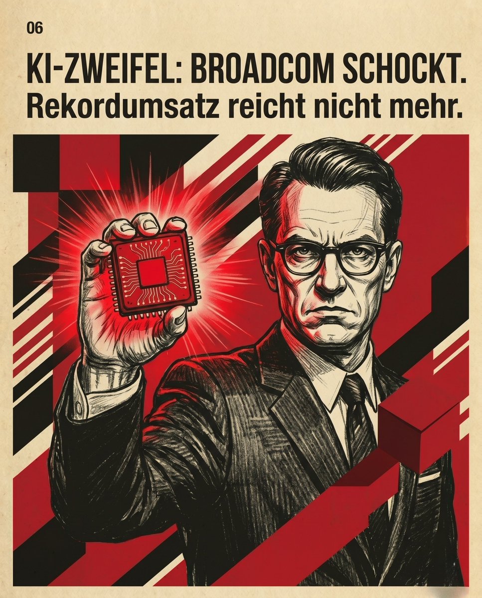 ElleoCalderon's tweet photo. 🤖 KI-Zweifel nach Broadcom-Schock! Rekordumsätze? Ja. Aber der Ausblick für KI-Umsätze (100 Mrd. USD) wird nur bestätigt, nicht erhöht. Das reicht in diesem verwöhnten Sektor einfach nicht mehr aus. (6/10) https://t.co/lO46UfmBvt