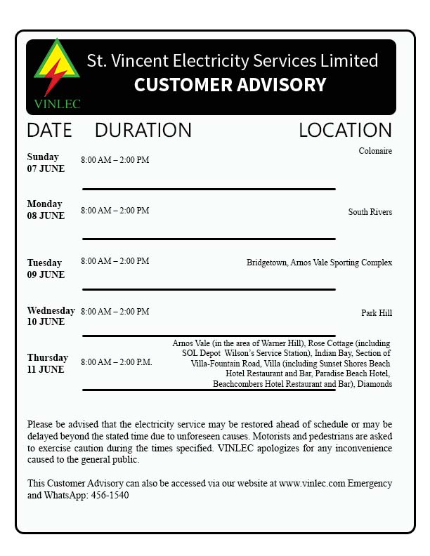 VINLECSVG's tweet photo. The routine maintenance of our Transmission and Distribution network is necessary for the supply of a reliable and safe electricity supply.
Here are the areas that will be affected by planned outages in the upcoming week. https://t.co/klxc5bC3OR