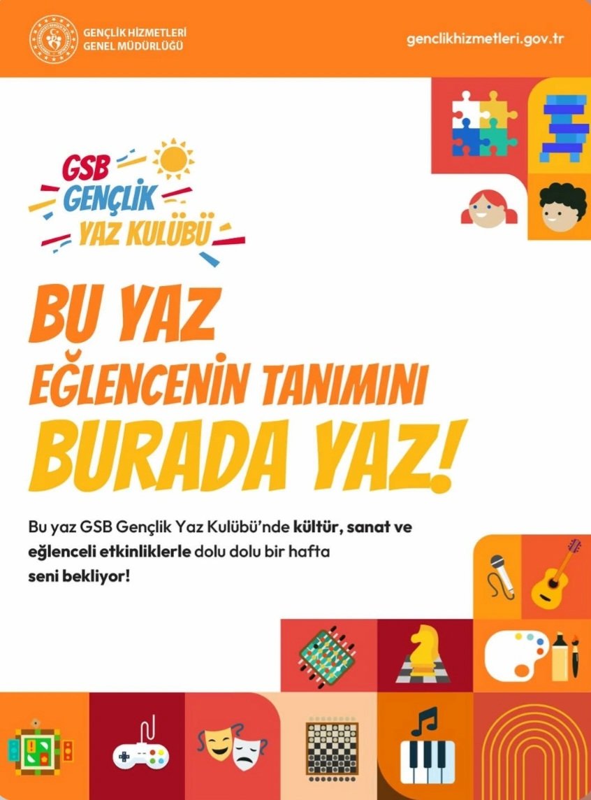 ceylanpinargm's tweet photo. 📣 Bu yaz hikâyeni GSB Gençlik Yaz Kulübü’nde yazmaya hazır mısın? 

Yeni yetenekler, spor aktiviteleri, kültür sanat etkinlikleri, teknoloji ve inovasyonla dolu dolu bir yaz seni bekliyor! 🎨🏅💻  

Detaylı bilgi ve başvuru için; https://t.co/7fxPHi0nsP

#GSBHepYanında https://t.co/VCo8YjVtWF