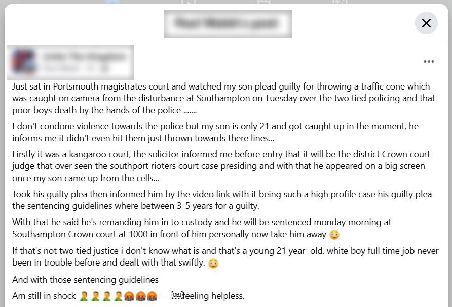 vpopulimedia's tweet photo. 🚨🇬🇧 A FATHER of one of the men charged over Tuesday’s disorder, has written to Facebook expressing his concern over TWO TIER JUSTICE.

Allegedly, the same judge that oversaw the Southport rioters in 2024 is handling the Southampton rioters from this week. https://t.co/09w1MPcC6v