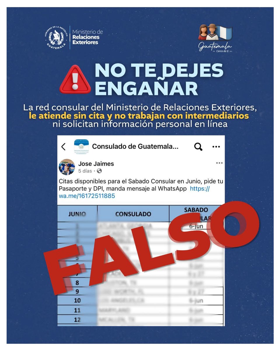 MinexGt's tweet photo. ⚠️ ¡Las citas no se venden! ⚠️

Recuerda que los consulados de Guatemala atienden sin cita previa y sin intermediarios.

Si alguien te cobra por una cita, se trata de un engaño.

#NoTeDejesEngañar #GuatemalaCercaDeTi🇬🇹 #RedConsularGT