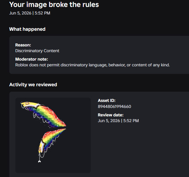 6Neon_Skies9's tweet photo. Uhm excuse me, what the actual fuck do you mean ''Disciminatory''???????
ROBLOX WHAT DO YOU MEAN BY THAT????
IT'S PRIDE MONTH????? https://t.co/RHexb0BrR3