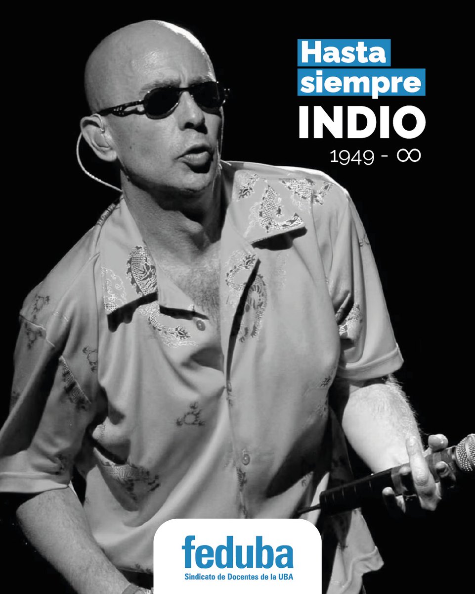 feduba's tweet photo. Hasta siempre, Indio. 

Nos toca despedir a Carlos “Indio” Solari, uno de esos artistas imprescindibles que supo interpretar como pocos las contradicciones, las broncas y los sueños de nuestro tiempo. https://t.co/gJwQEQO08d